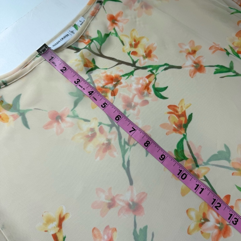 Susan Graver Blouse Womens Size Large Split Sleeve Orange Green Sheer Floral Top - Picture 8 of 10